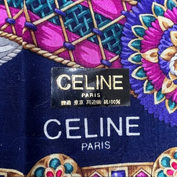 New Celine Paris Mini Scarf cotton/silk 20" beige blue horse bow logo (62) - Picture 6 of 10